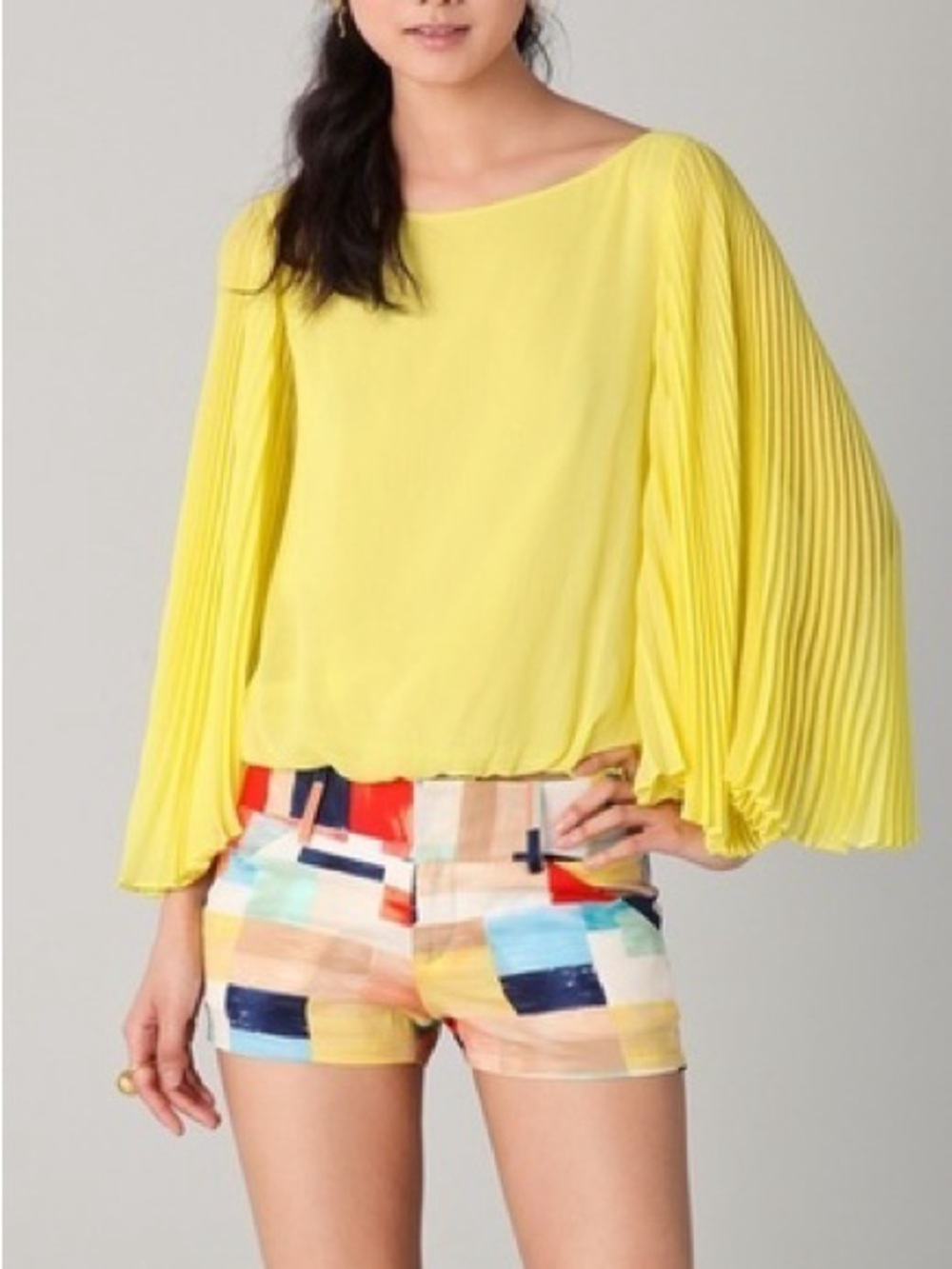 Alice + Olivia Yellow Crepe Silk Pleated Sleeve Boat Neck Blouse
